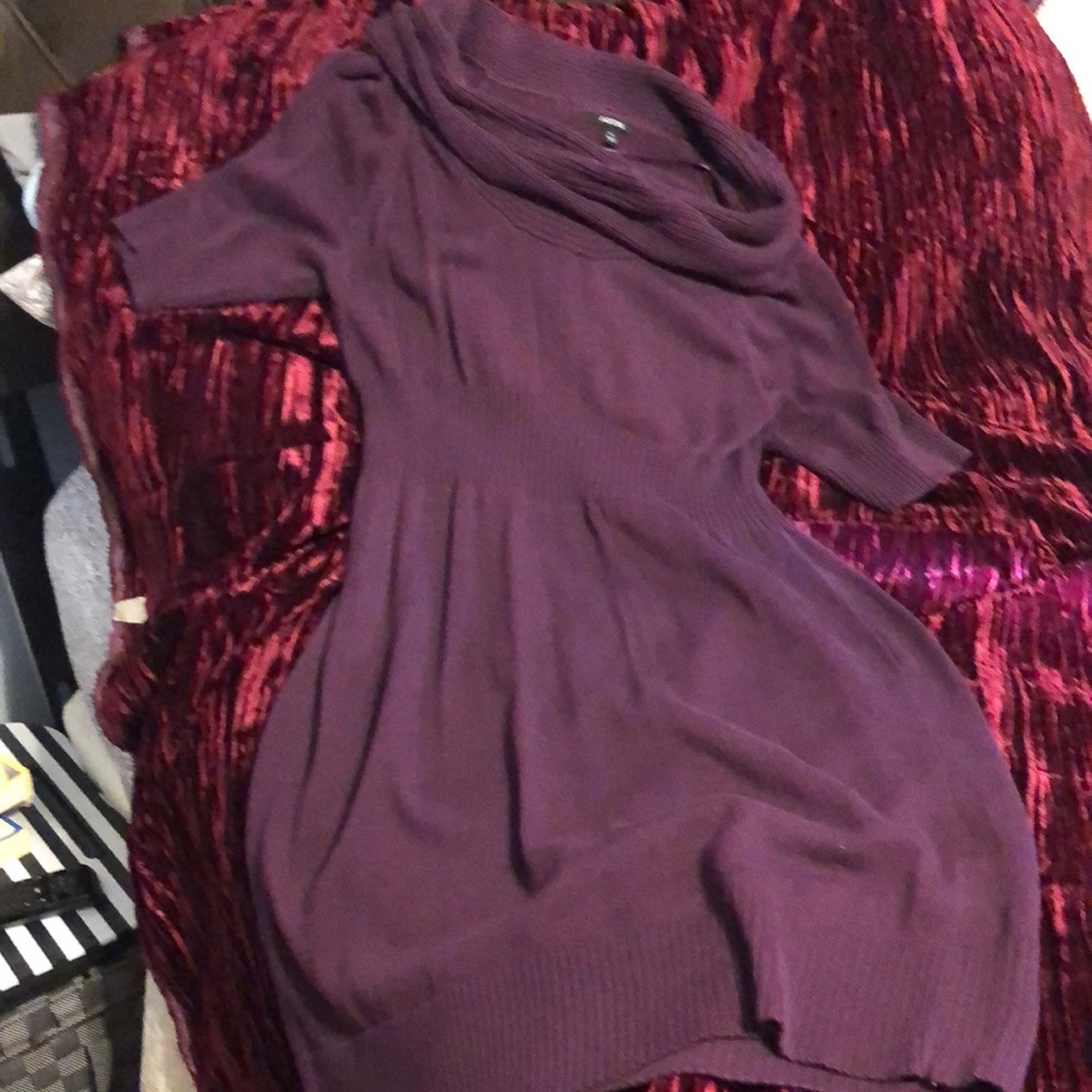 Purple light weight knit dress with cowl neck .